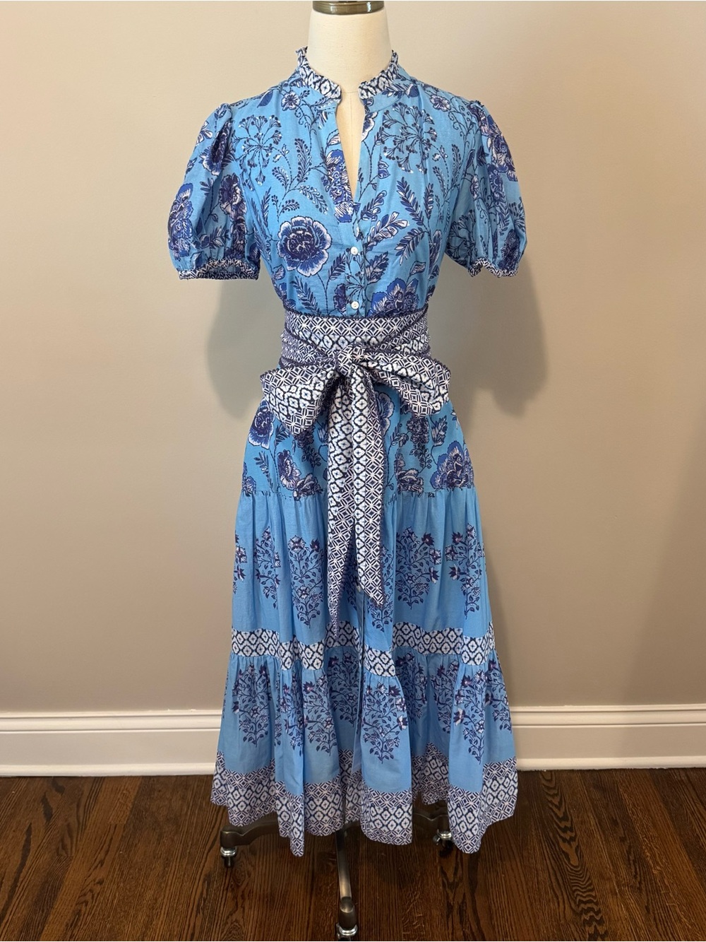 CELINA MOON Blue Floral Maxi Dress with Patterned Sash - Picture 9 of 15